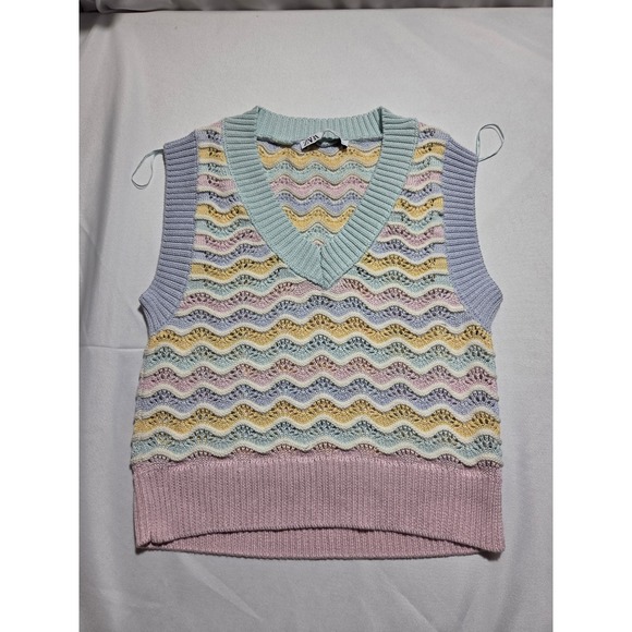 Zara Sweaters - Zara Pastel Chevron Knit Sweater Vest V-Neck‎ Sleeveless Multi Color Pointelle S